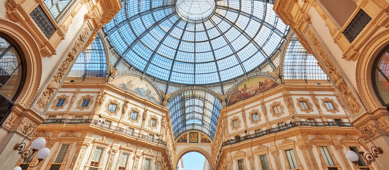 Looking up into the glass dome of the Galleria Vittorio Emanuele II