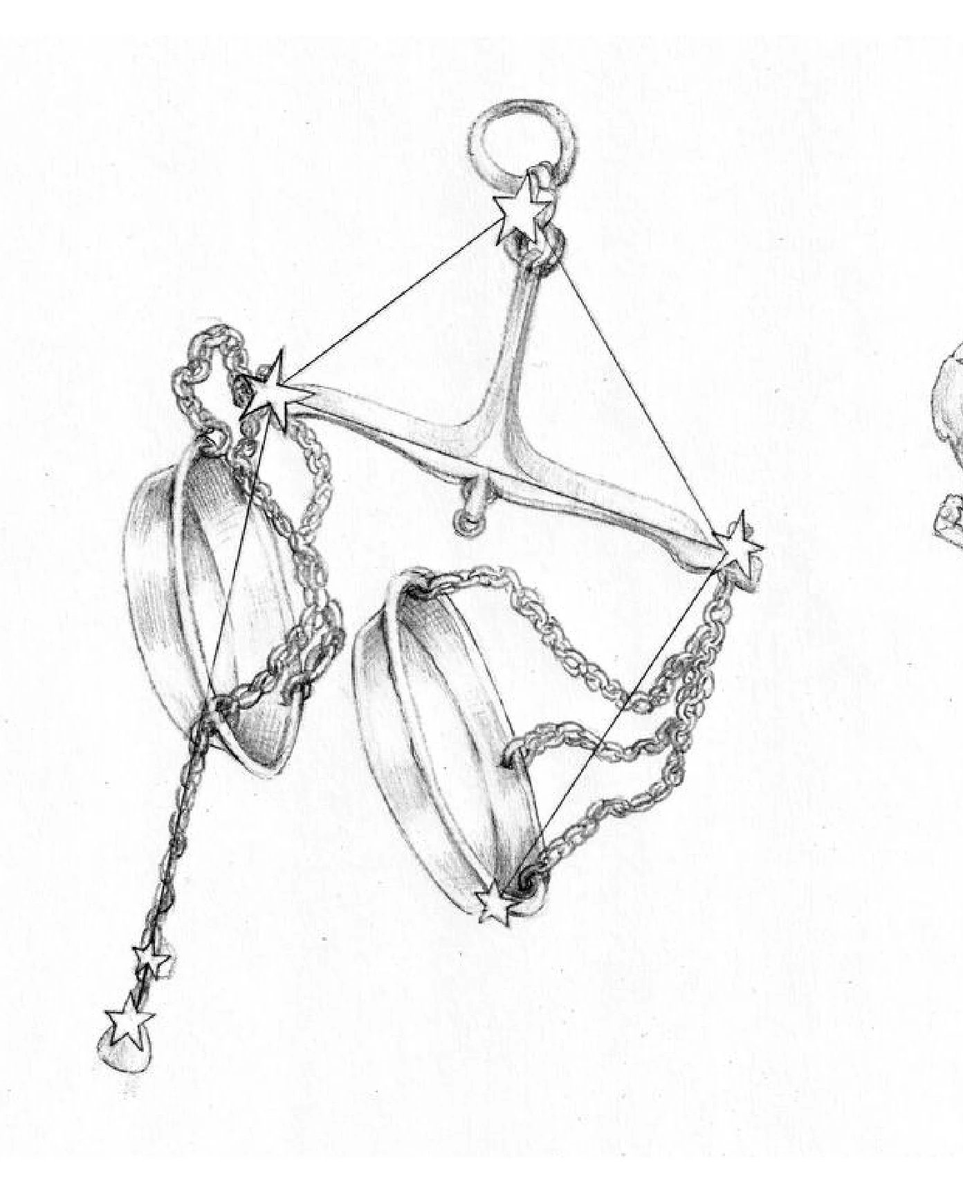 A pencil drawing of the scales of Libra, the stars joined along the beam and chains