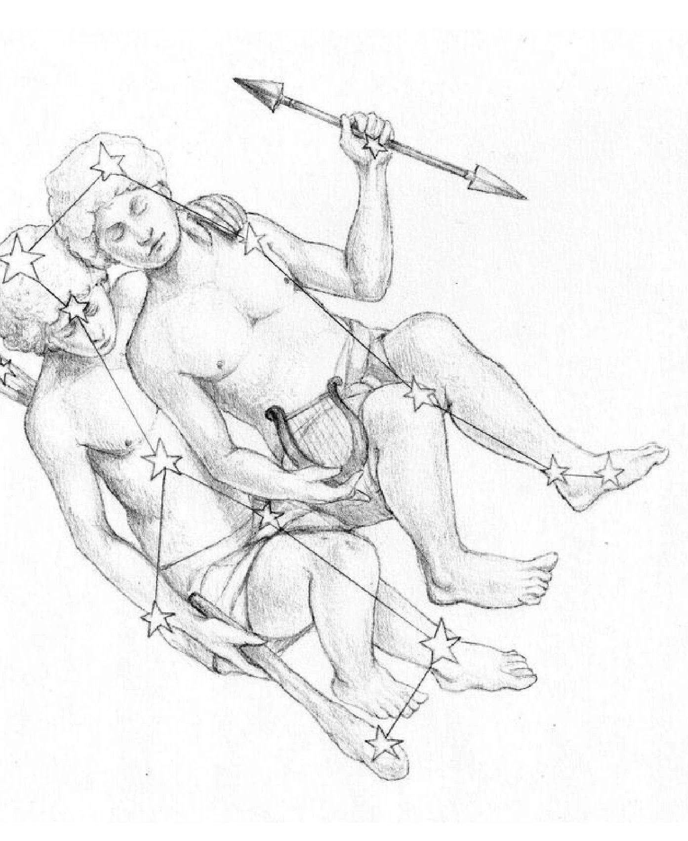 A pencil drawing of the twins of Gemini, the stars joined across both figures