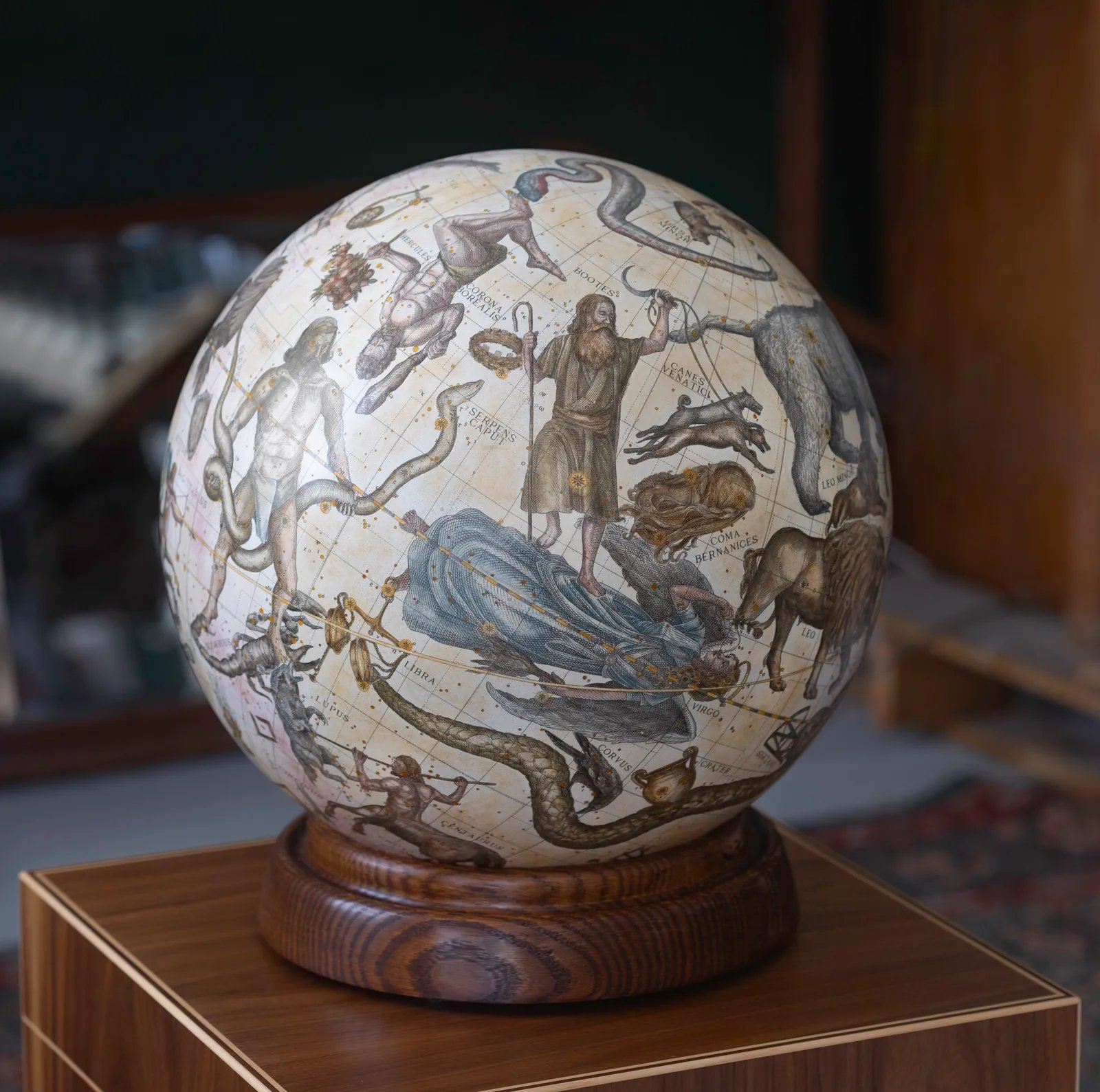 A celestial globe on its turned base, raised on a walnut plinth