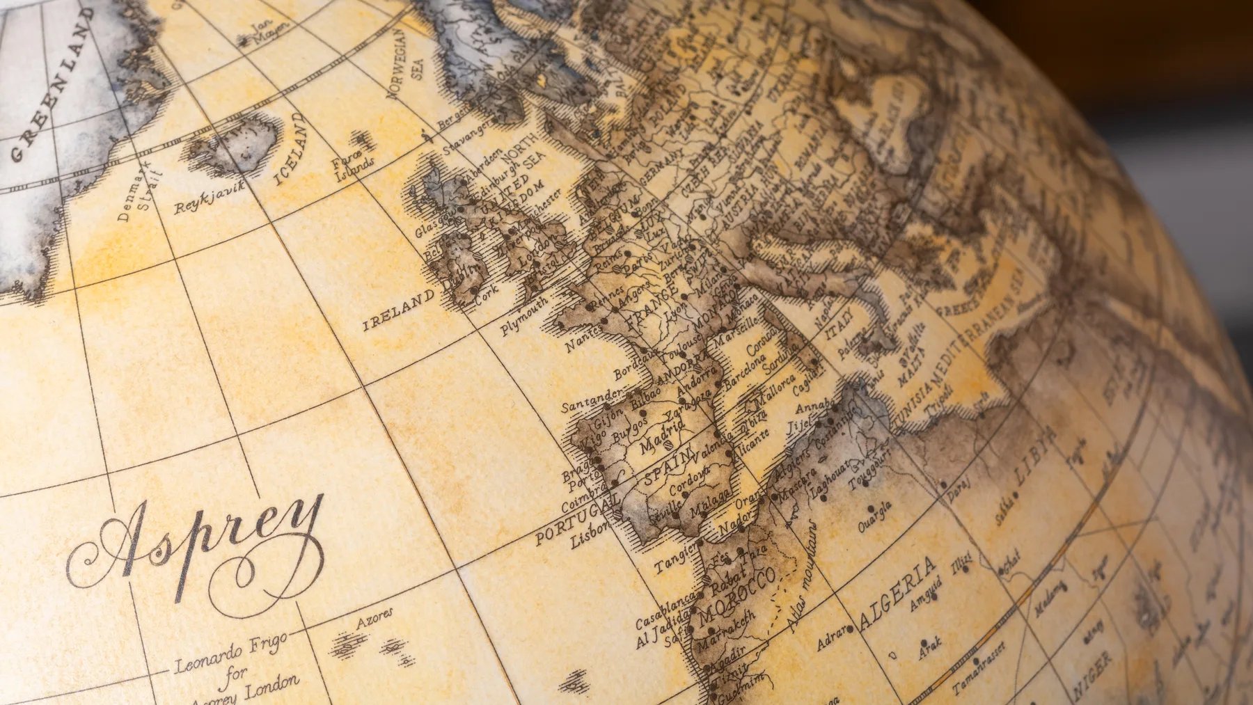 A detail of the sphere over Europe, signed “Leonardo Frigo for Asprey London”