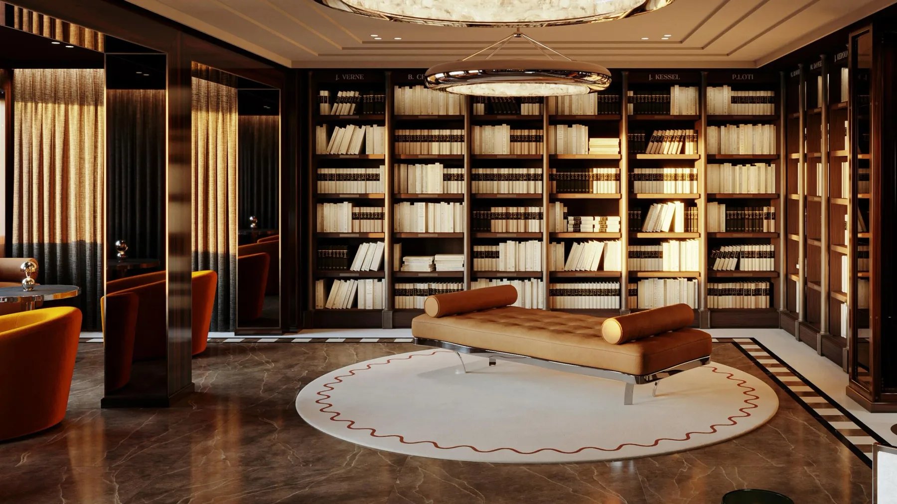 The library lounge, with its bookshelves and central rug