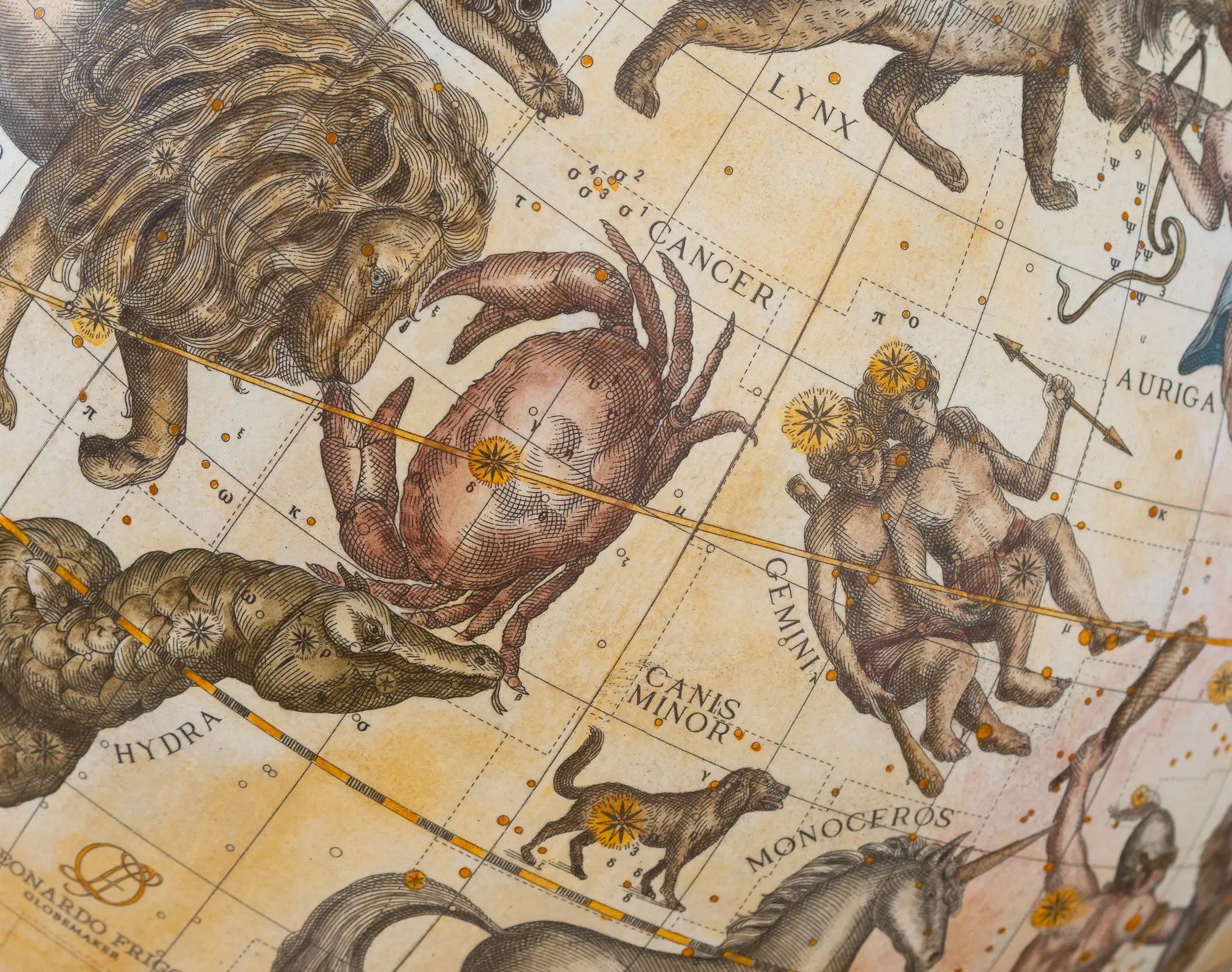 A close detail of Cancer, Leo and Gemini drawn across a celestial globe